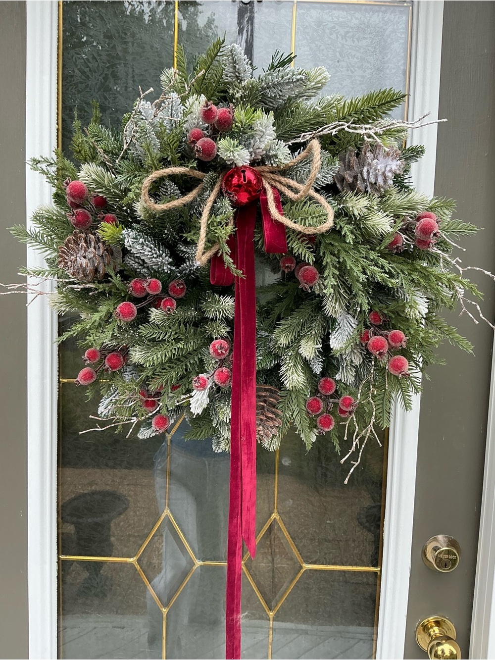 Evergreen Frosted Holiday Wreath with Red Velvet Ribbon